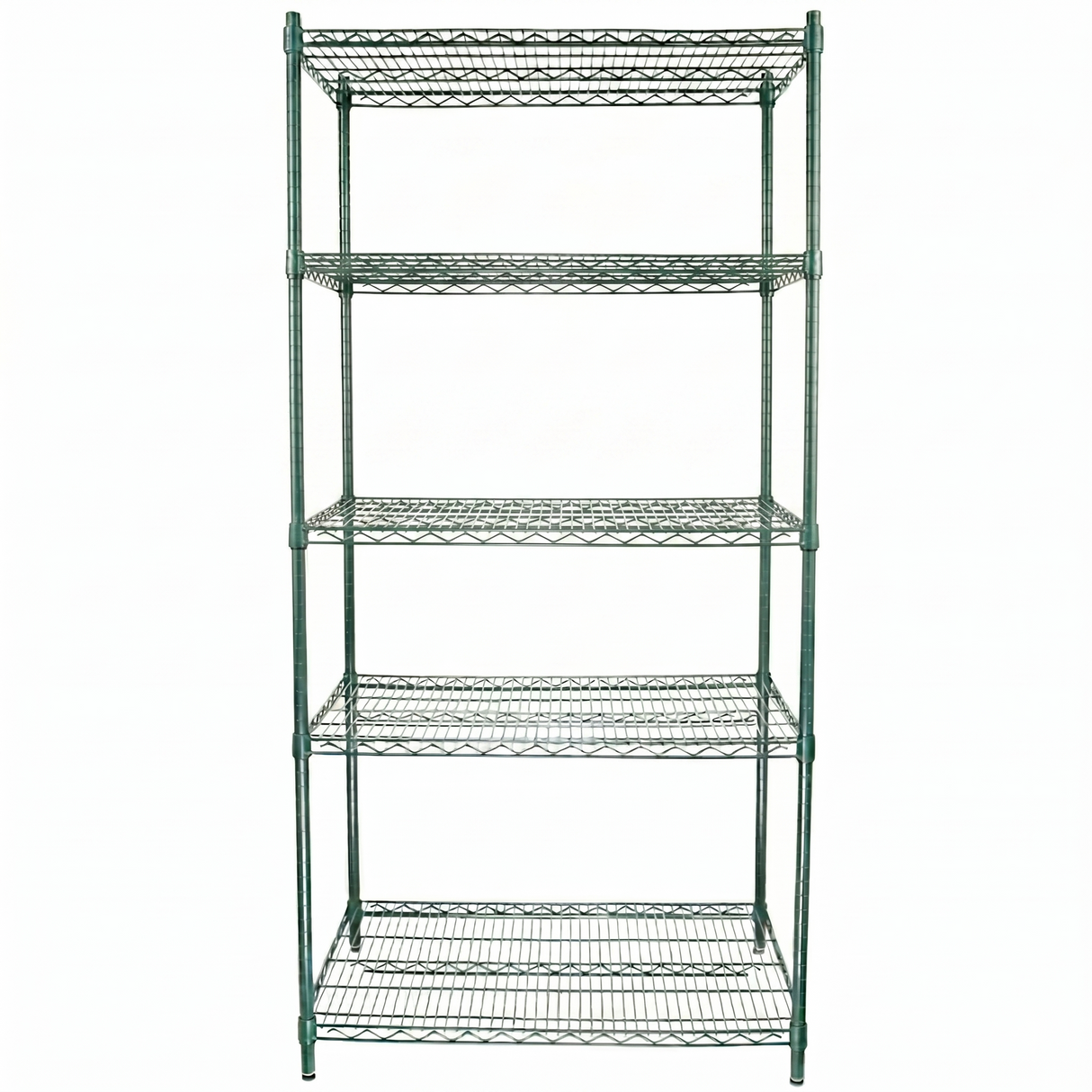 A tall shelving unit with five evenly spaced shelves, crafted from green epoxy-coated iron bars in a grid pattern. The NSF-certified frame stands on four legs and is empty, displayed against a plain white background.