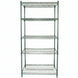 A tall shelving unit with five evenly spaced shelves, crafted from green epoxy-coated iron bars in a grid pattern. The NSF-certified frame stands on four legs and is empty, displayed against a plain white background.