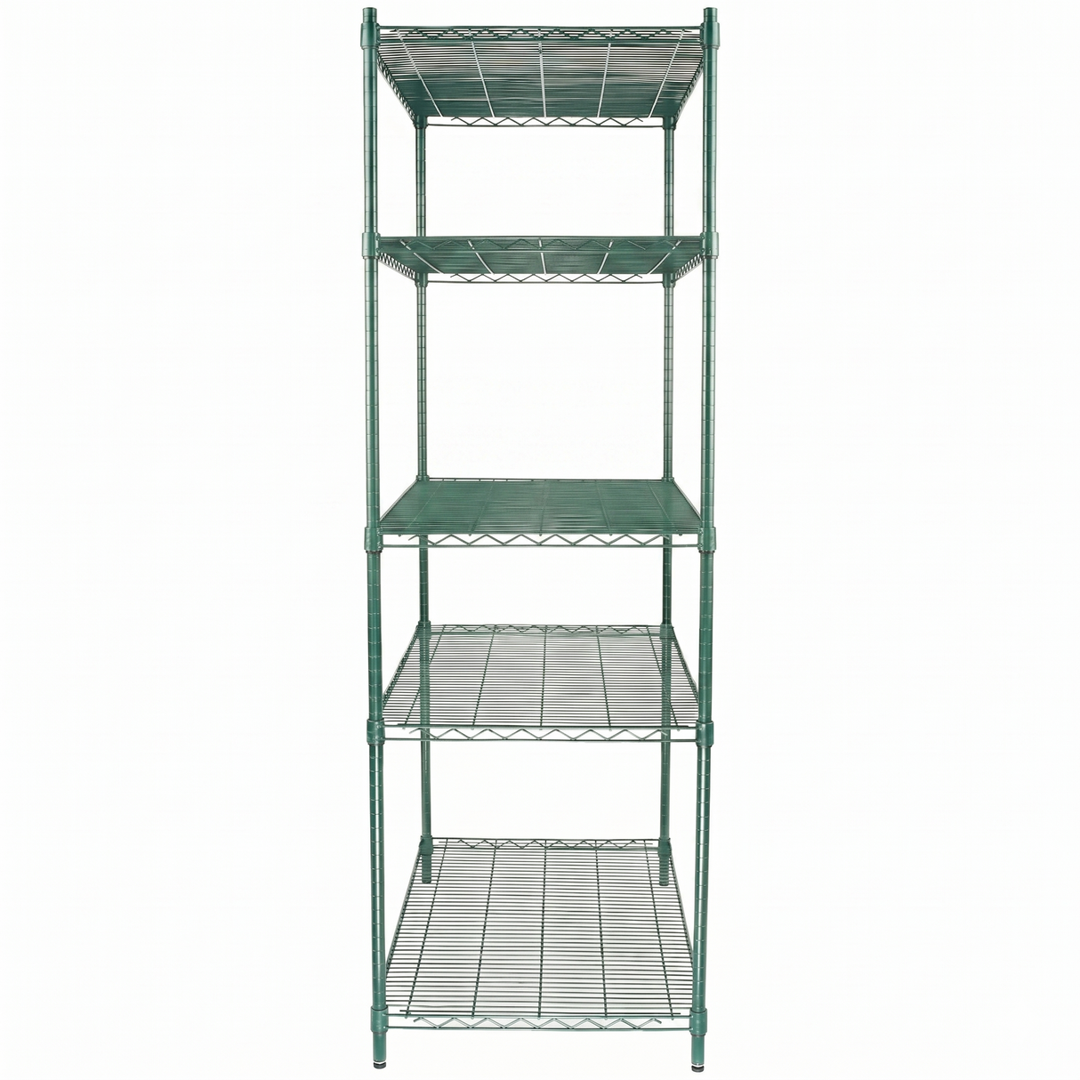 A tall, green epoxy-coated iron shelving unit with four evenly spaced rectangular shelves stands on four legs. NSF certified, it is photographed against a plain white background, and the shelves are empty.