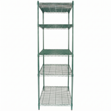 A tall, green epoxy-coated iron shelving unit with four evenly spaced rectangular shelves stands on four legs. NSF certified, it is photographed against a plain white background, and the shelves are empty.