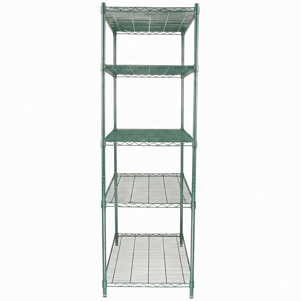 A tall, green epoxy-coated metal wire shelving unit with four evenly spaced shelves stands on four legs. The NSF-certified open grid-style shelves are photographed against a plain white background.