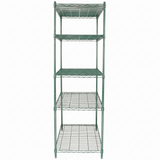 A tall, green epoxy-coated metal wire shelving unit with four evenly spaced shelves stands on four legs. The NSF-certified open grid-style shelves are photographed against a plain white background.