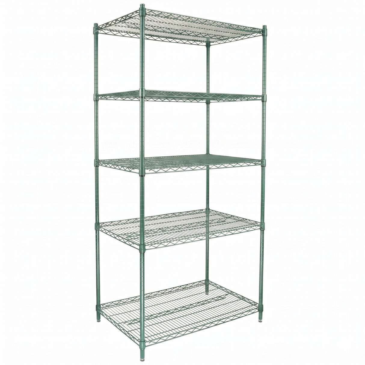 A green epoxy-coated shelving unit with five adjustable rectangular shelves, each made of open metal grid and supported by four vertical metal posts. NSF certified, the silver unit stands empty against a white background.