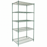 A green epoxy-coated shelving unit with five adjustable rectangular shelves, each made of open metal grid and supported by four vertical metal posts. NSF certified, the silver unit stands empty against a white background.
