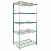 A green epoxy-coated shelving unit with five adjustable rectangular shelves, each made of open metal grid and supported by four vertical metal posts. NSF certified, the silver unit stands empty against a white background.