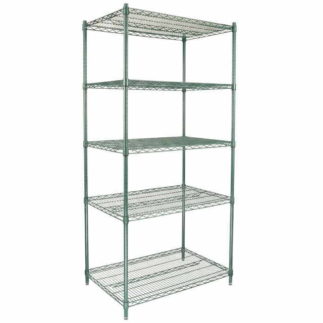 A green epoxy-coated shelving unit with five adjustable rectangular shelves, each made of open metal grid and supported by four vertical metal posts. NSF certified, the silver unit stands empty against a white background.