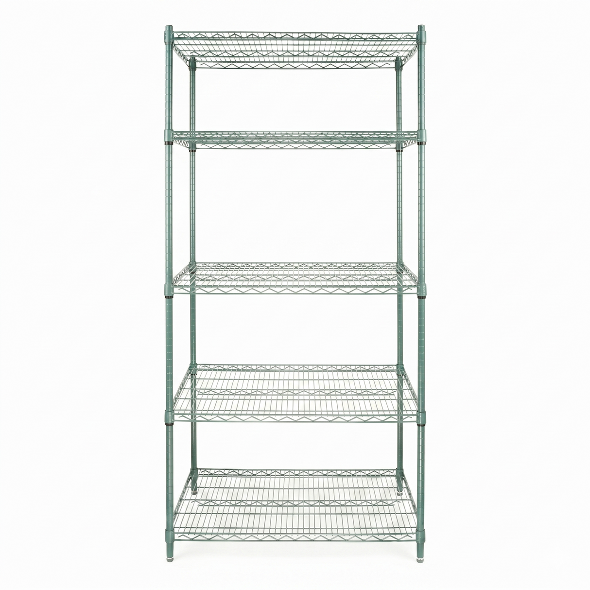 A tall, green epoxy-coated metal shelving unit with five wire shelves stands upright against a plain white background. The NSF-certified shelves are evenly spaced and empty, featuring visible wire mesh construction and sturdy legs on each corner.