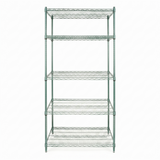 A tall, green epoxy-coated metal shelving unit with five wire shelves stands upright against a plain white background. The NSF-certified shelves are evenly spaced and empty, featuring visible wire mesh construction and sturdy legs on each corner.