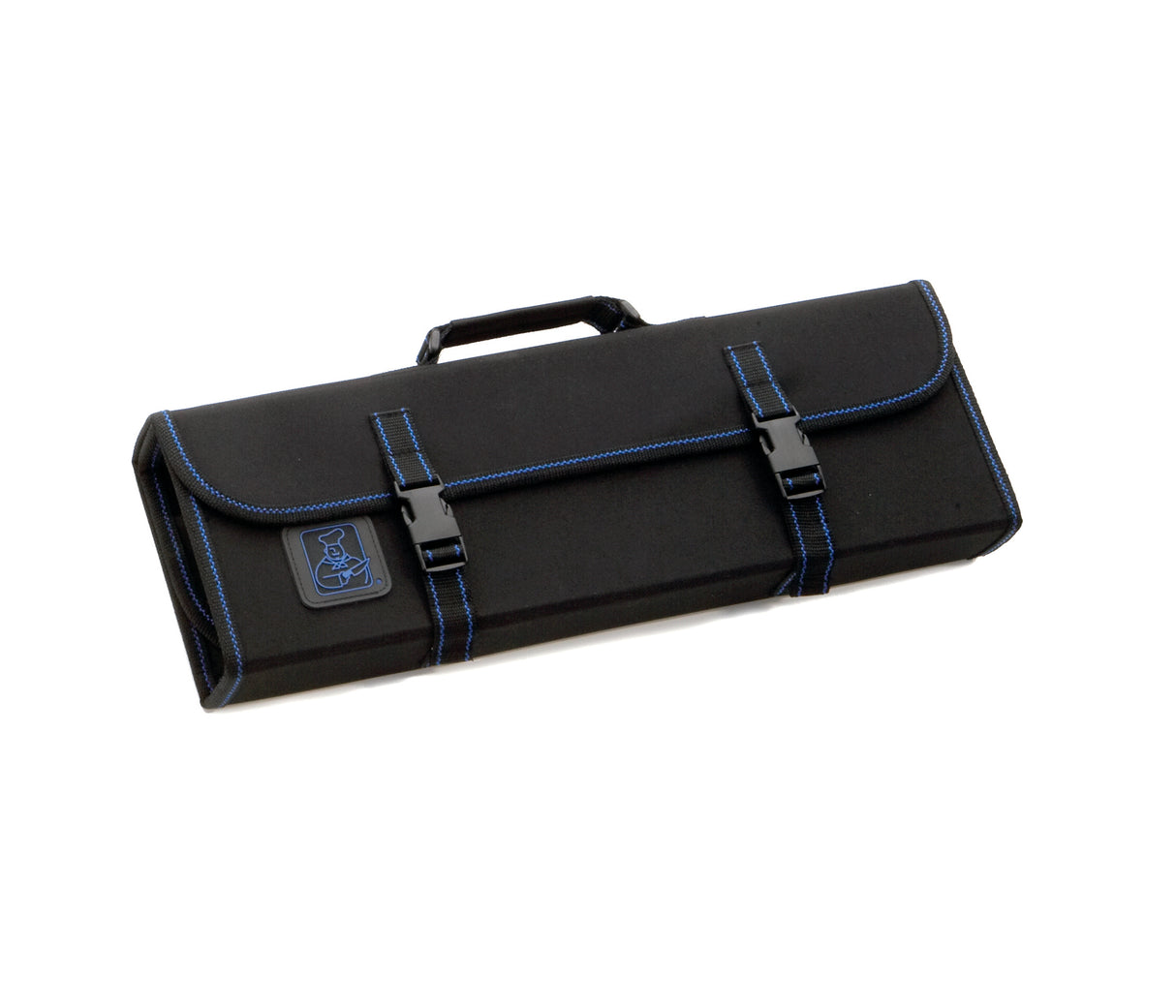 A black rectangular knife case with blue stitching, two buckle closures, a fold-over flap, and a top handle. The case holds 10 knives and features a small embroidered logo on the front lower left corner. Photographed on a white background.