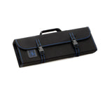 A black rectangular knife case with blue stitching, two buckle closures, a fold-over flap, and a top handle. The case holds 10 knives and features a small embroidered logo on the front lower left corner. Photographed on a white background.