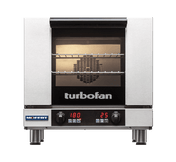 A stainless steel MOFFAT convection countertop oven with “turbofan” branded on the glass door features a digital display showing 180 and 25, two knobs, four short legs, and a visible interior rack.