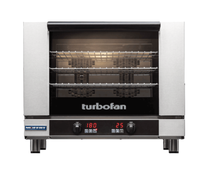 A Turbofan convection oven with full-size sheet pan capacity, featuring a black glass door, three wire racks, and a stainless steel build. The countertop electric oven’s control panel has two dials and digital displays showing 180°C and 25 minutes.