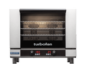 A Turbofan convection oven with full-size sheet pan capacity, featuring a black glass door, three wire racks, and a stainless steel build. The countertop electric oven’s control panel has two dials and digital displays showing 180°C and 25 minutes.