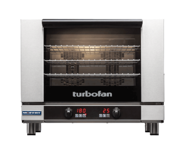 A Turbofan convection oven with full-size sheet pan capacity, featuring a black glass door, three wire racks, and a stainless steel build. The countertop electric oven’s control panel has two dials and digital displays showing 180°C and 25 minutes.