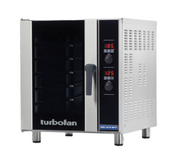 A stainless steel Turbofan convection oven with a glass door, two control knobs, and red digital displays showing temperatures. This electric convection oven features vent holes on the side and stands on four short legs.