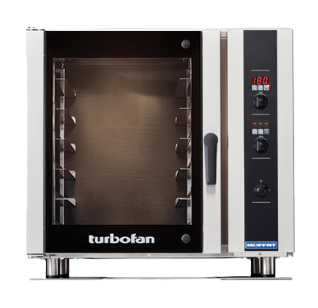 A Turbofan Convection Oven with a glass door showcases multiple baking racks and a 6 sheet pan capacity. The electric countertop oven features a right-side control panel with a digital display, dials, buttons, and the “turbofan” brand at the bottom.