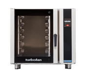 A Turbofan convection oven with a glass front door, silver handle, and right-side control panel. This electric countertop oven features a black and silver design, short legs, visible interior racks, and full size sheet pan capacity.