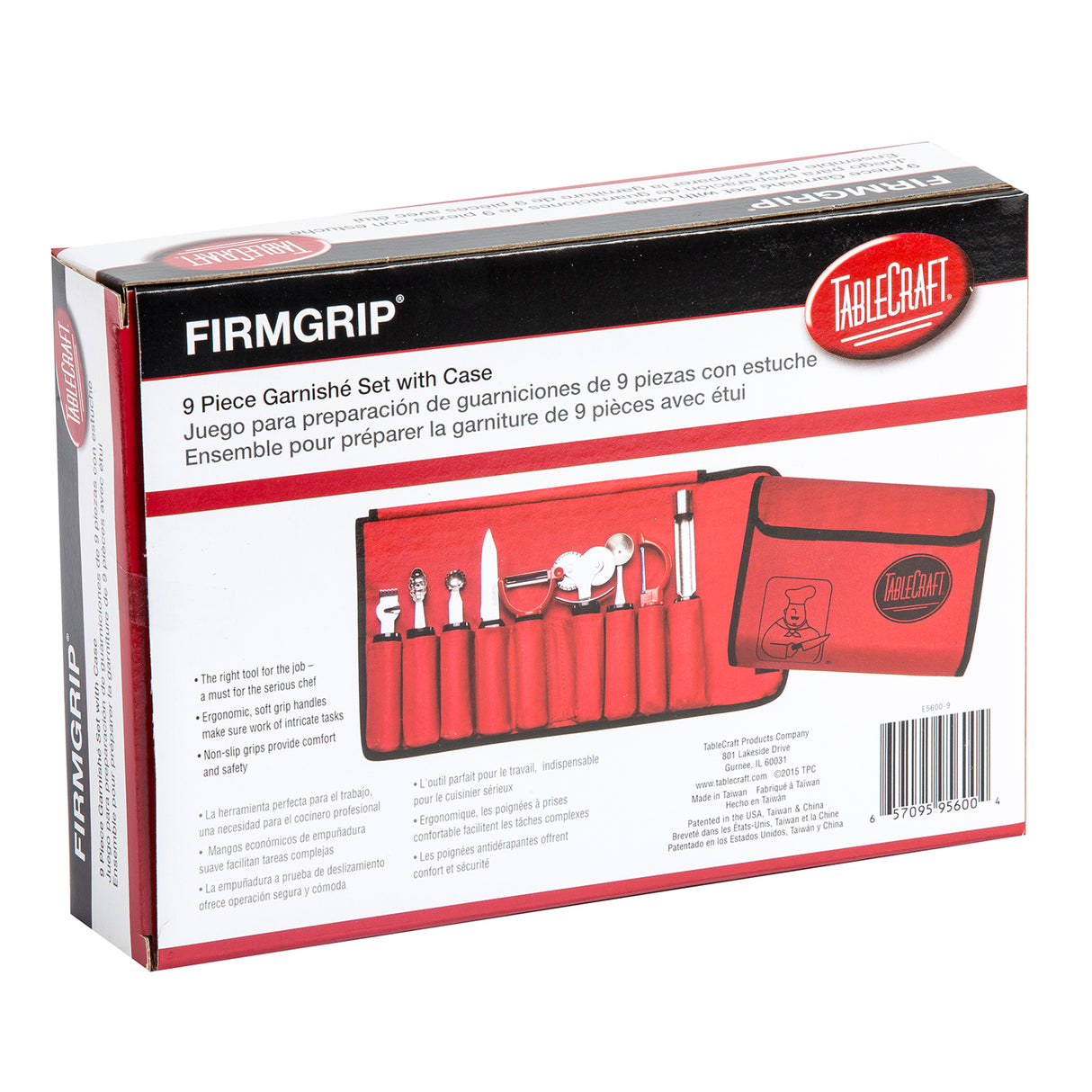 A red and black box labeled FIRMGRIP 9 Piece Garnish Set with Case by TableCraft. The front shows a photo of a red roll-up case holding nine metal, dishwasher safe garnish tools. Product details appear in English, Spanish, and French.