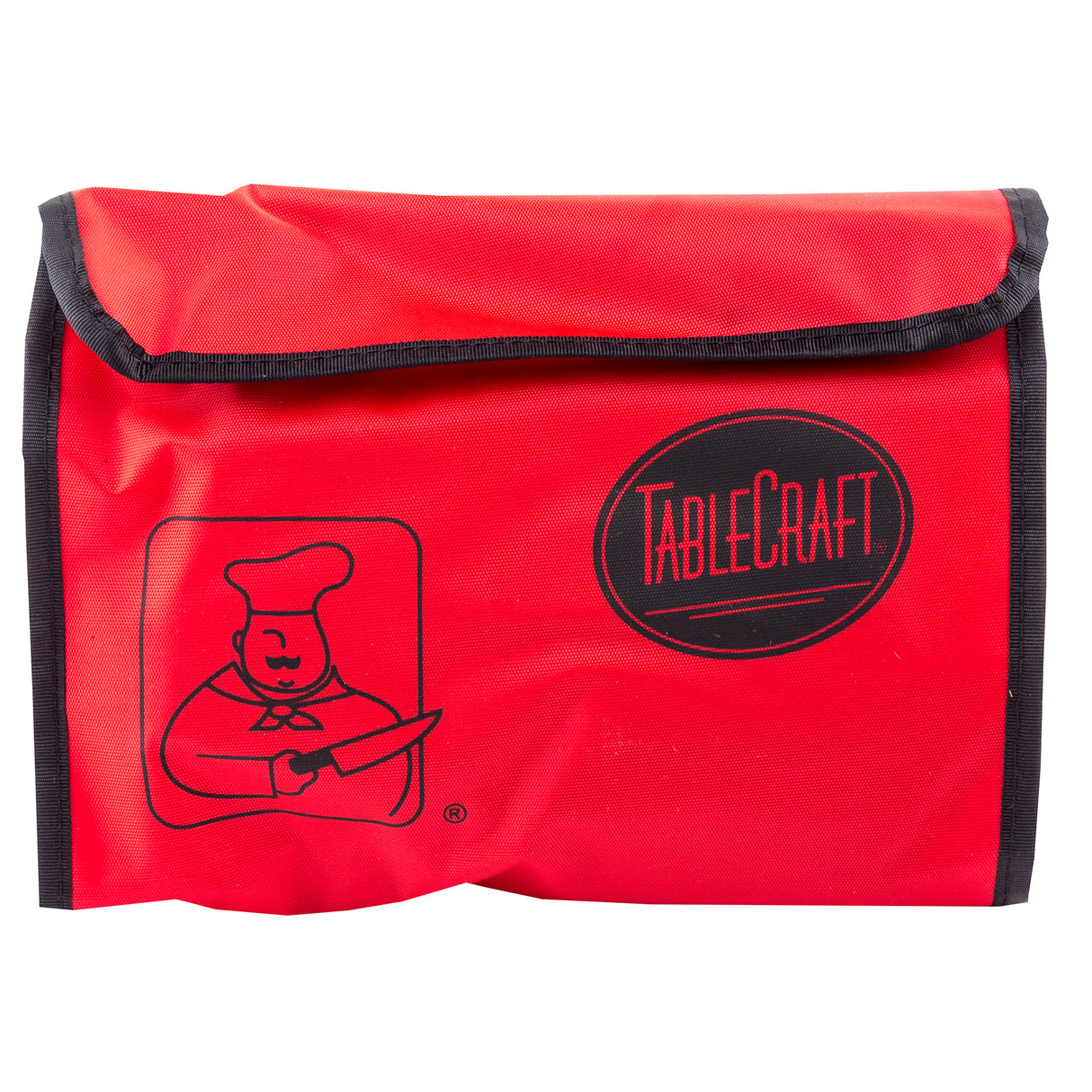 A red fabric carrying case with black trim, featuring a black outline drawing of a chef holding a knife on the left and the word TableCraft inside an oval on the right. Ideal for storing your garnish set, this case has a convenient flap closure at the top.
