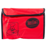 A red fabric carrying case with black trim, featuring a black outline drawing of a chef holding a knife on the left and the word TableCraft inside an oval on the right. Ideal for storing your garnish set, this case has a convenient flap closure at the top.