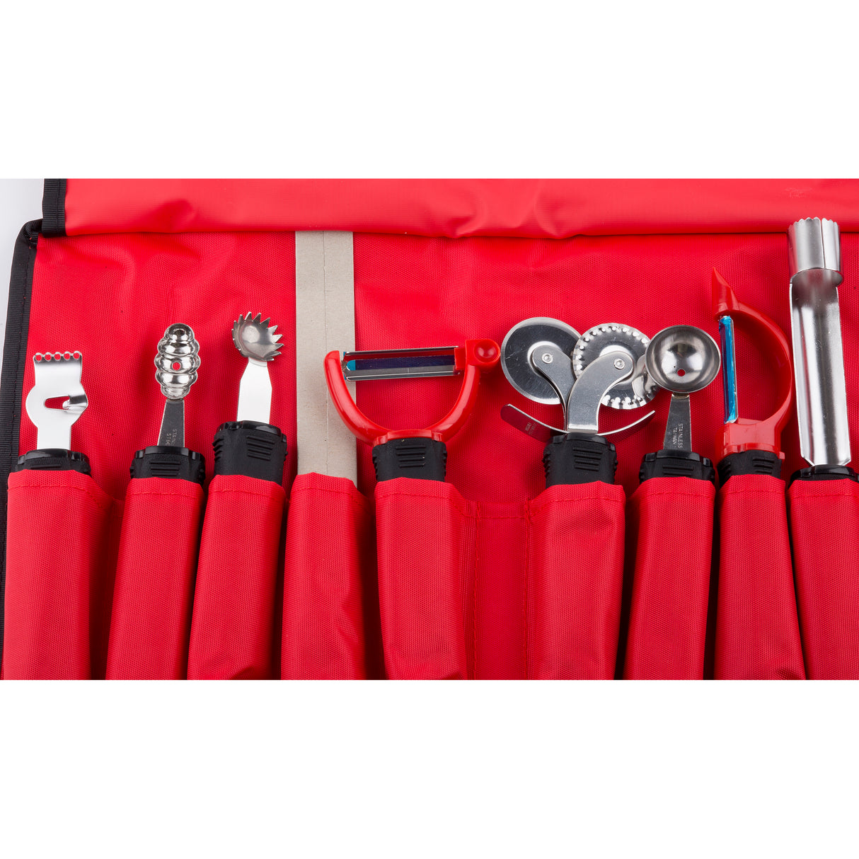 A red fabric case holds an eight-piece garnish set, including a zester, melon baller, channel knife with ergonomic handle, peeler, double-wheel pastry cutter, corer, and two other utensils—each in its own pocket against a red background.