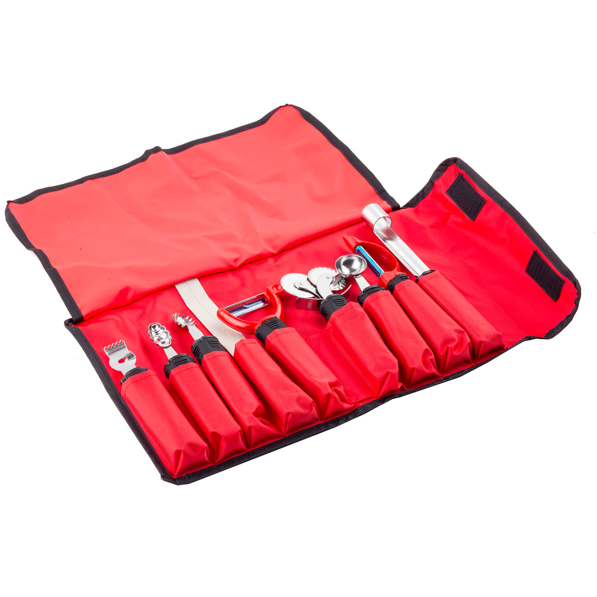 A red fabric roll-up case with eight kitchen tools, each in its own pocket. This garnish set includes utensils with ergonomic handles—like a zester, peeler, and melon baller—all neatly arranged for convenient use.