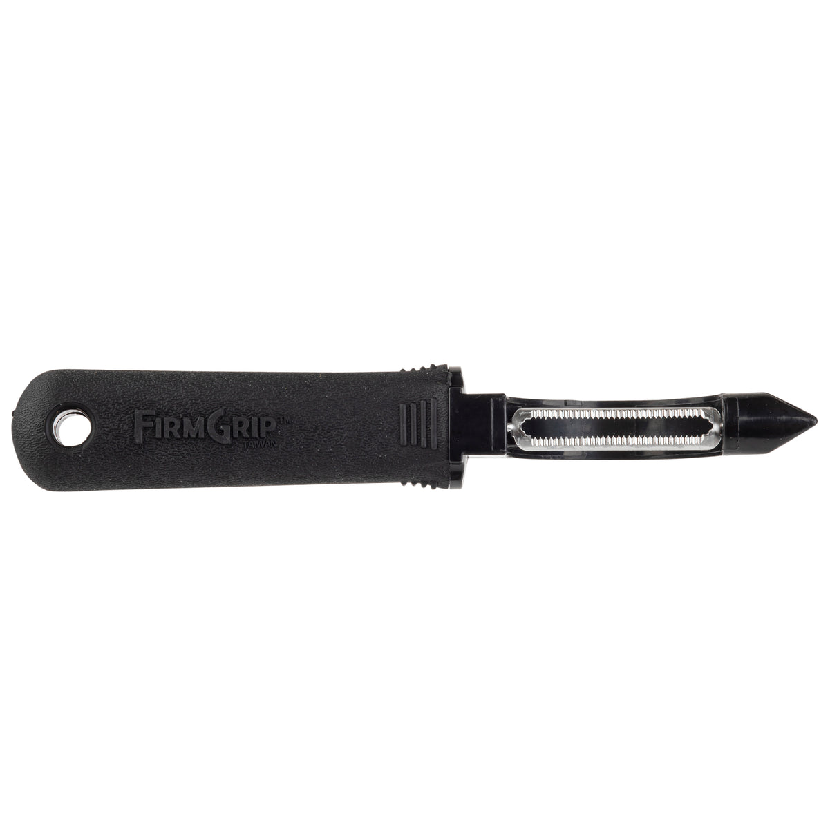 A black-handled straight peeler labeled FIRM GRIP with a metal swivel blade and a pointed end, designed for peeling fruits and vegetables. Its ergonomic handle includes a hole at the end for hanging. The background is plain white.