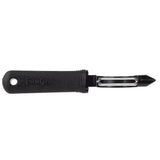 A black-handled straight peeler labeled FIRM GRIP with a metal swivel blade and a pointed end, designed for peeling fruits and vegetables. Its ergonomic handle includes a hole at the end for hanging. The background is plain white.