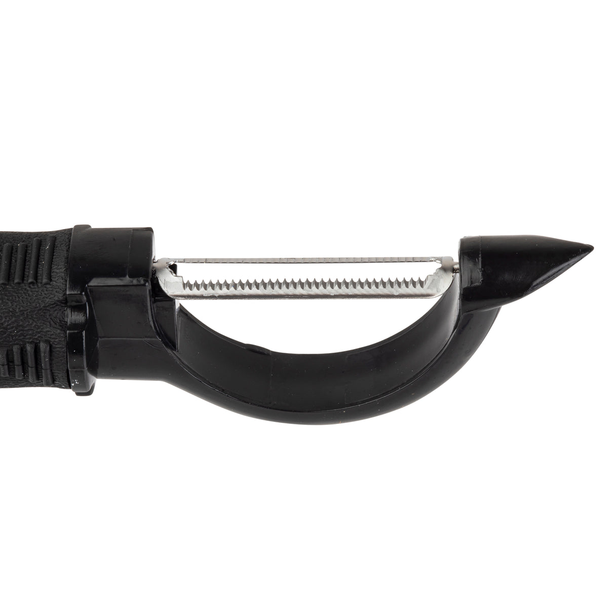 A close-up view of a black straight peeler with a horizontal, serrated metal blade and pointed tip, set against a white background. The ergonomic handle appears textured for grip.