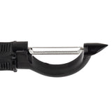 A close-up view of a black straight peeler with a horizontal, serrated metal blade and pointed tip, set against a white background. The ergonomic handle appears textured for grip.