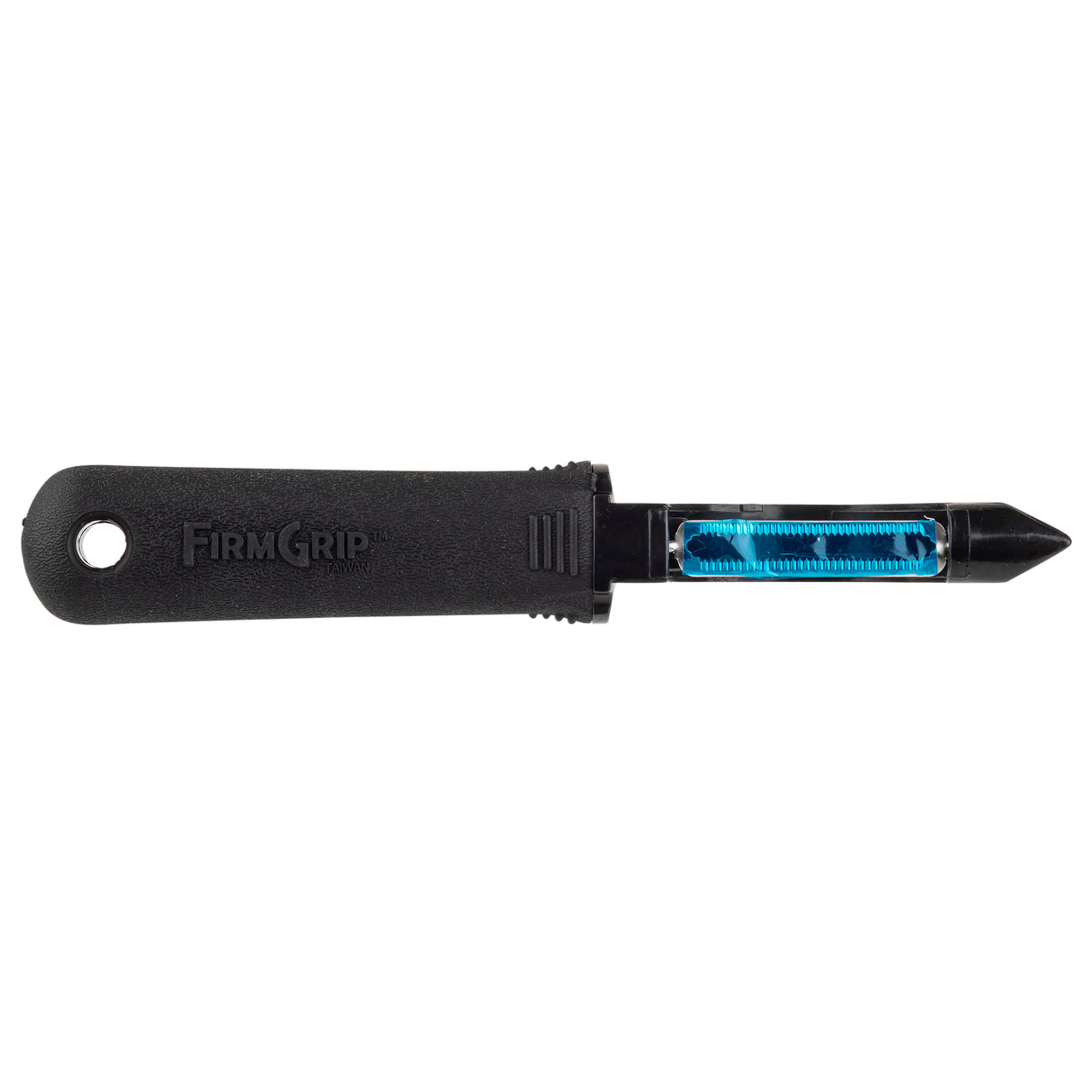 A black-handled straight peeler with FIRM GRIP text on the ergonomic handle. It features a hole for hanging, a blue metal blade, and a pointed tip for removing blemishes. The simple, utilitarian design is photographed on a white background.