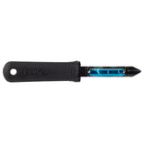 A black-handled straight peeler with FIRM GRIP text on the ergonomic handle. It features a hole for hanging, a blue metal blade, and a pointed tip for removing blemishes. The simple, utilitarian design is photographed on a white background.