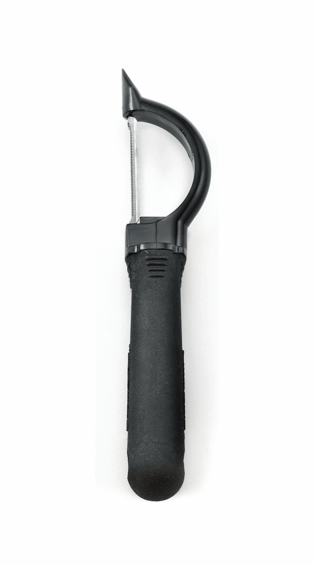 A black-handled straight peeler with a curved, sharp metal blade and a pointed tip is shown against a white background. The ergonomic handle is textured for grip, and the blade is designed for peeling fruits and vegetables.