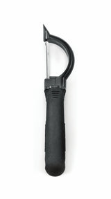 A black-handled straight peeler with a curved, sharp metal blade and a pointed tip is shown against a white background. The ergonomic handle is textured for grip, and the blade is designed for peeling fruits and vegetables.