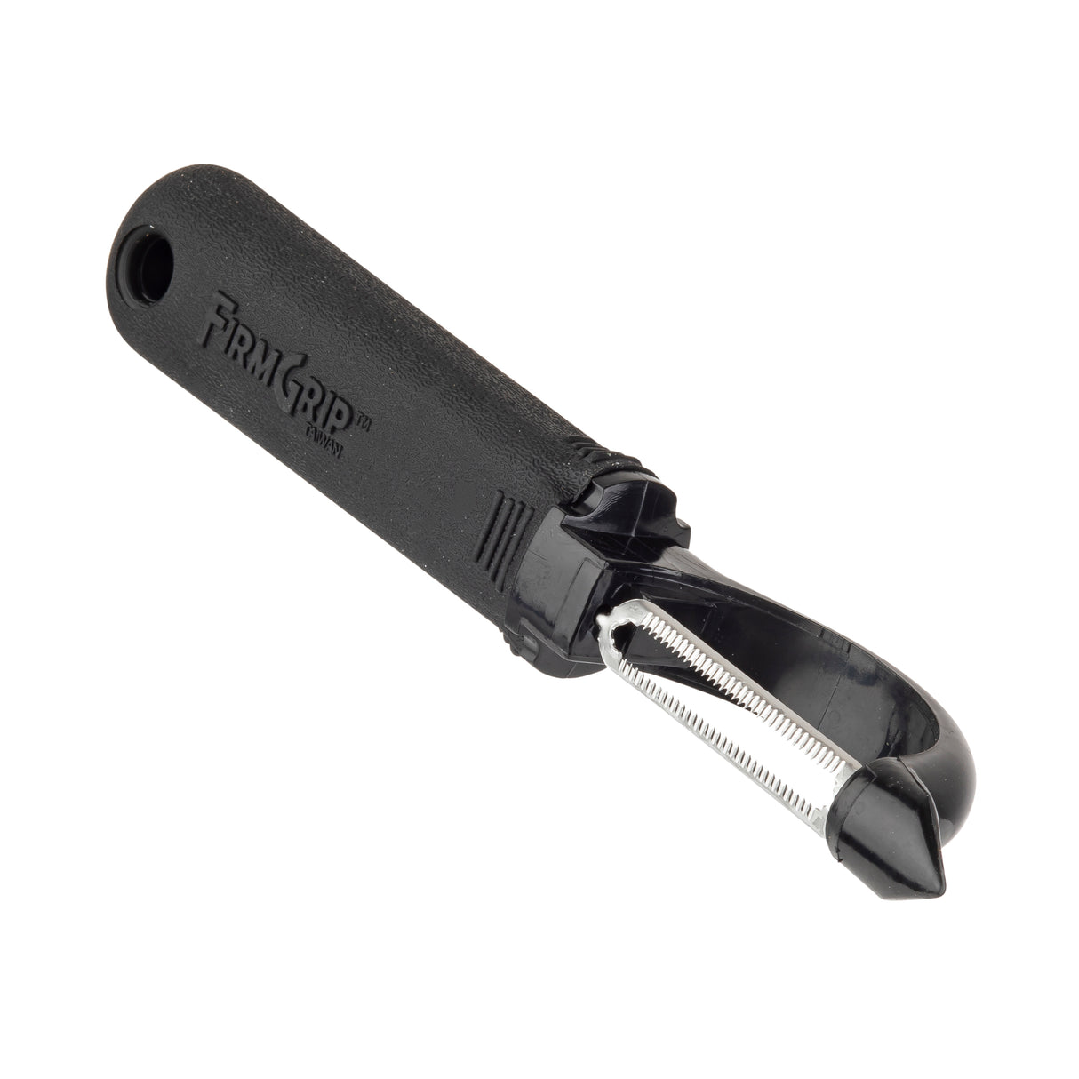 A black-handled straight peeler with a stainless steel blade. The ergonomic handle has a textured grip and Firm Grip text embossed on it. The blade is horizontal, with a pointed tip for removing potato eyes or blemishes.