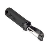 A black-handled straight peeler with a stainless steel blade. The ergonomic handle has a textured grip and Firm Grip text embossed on it. The blade is horizontal, with a pointed tip for removing potato eyes or blemishes.