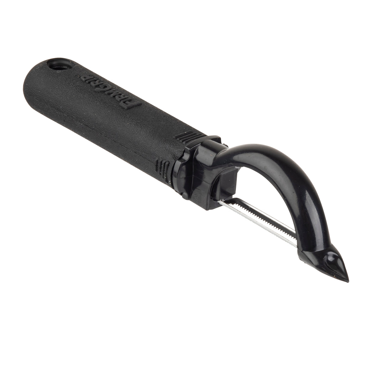 A black-handled vegetable peeler with a stainless steel, horizontal serrated edge and a pointed tip for removing blemishes. The ergonomic handle is thick and textured for grip, with “Prince” embossed on it. The peeler is positioned on a white background.