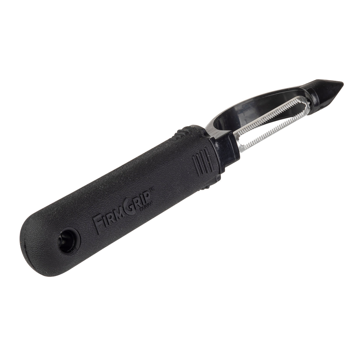 A black-handled straight peeler with a straight metal blade and pointed tip. The ergonomic handle is textured for grip and embossed with FIRM GRIP. The peeler is oriented diagonally on a white background.