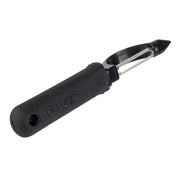 A black-handled straight peeler with a straight metal blade and pointed tip. The ergonomic handle is textured for grip and embossed with FIRM GRIP. The peeler is oriented diagonally on a white background.
