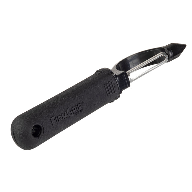 A black-handled straight peeler with a straight metal blade and pointed tip. The ergonomic handle is textured for grip and embossed with FIRM GRIP. The peeler is oriented diagonally on a white background.
