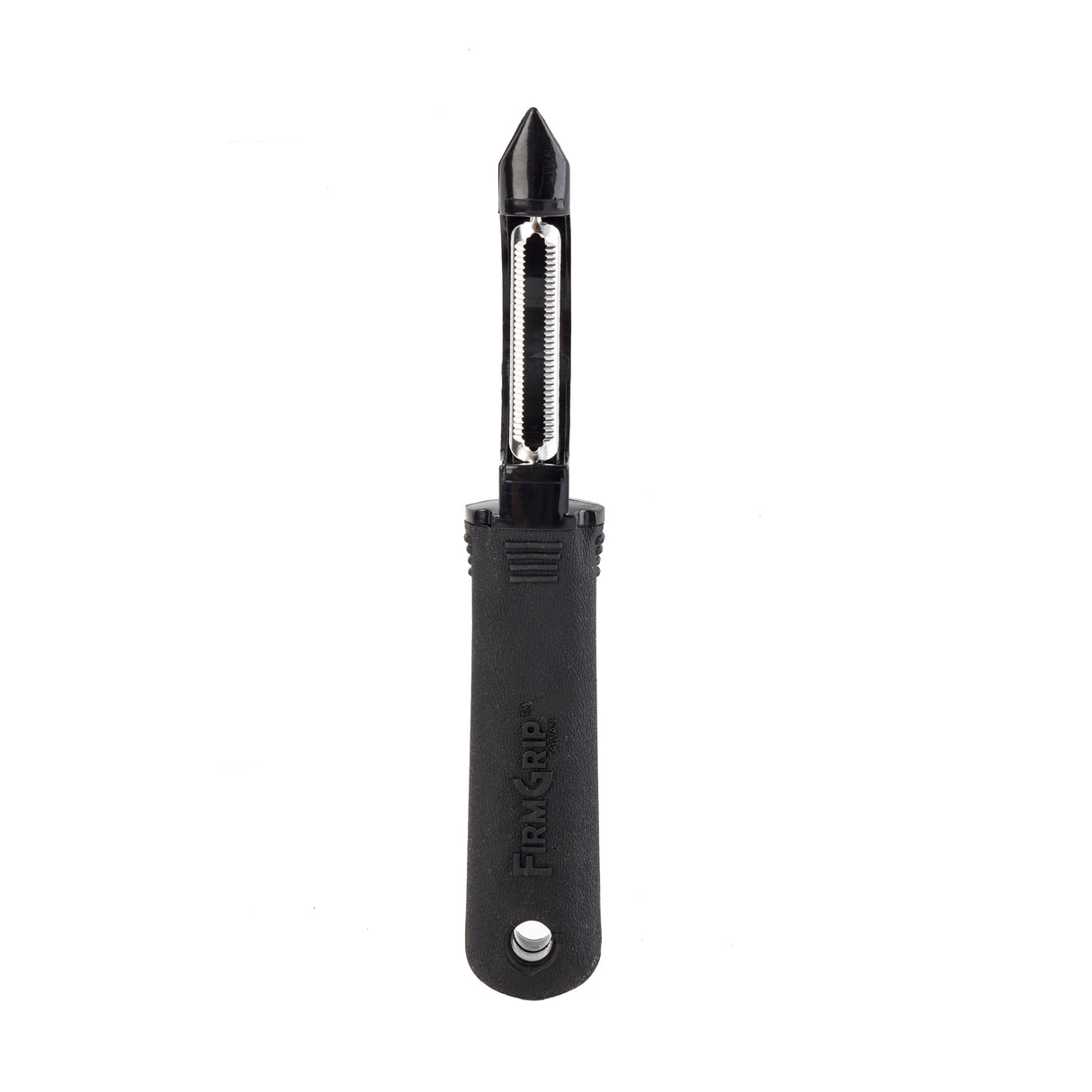 A black straight peeler with a horizontal metal blade and an ergonomic plastic handle embossed with "FIRM GRIP." The handle features a hole at the bottom for hanging. The background is white.
