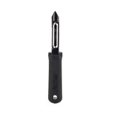 A black straight peeler with a horizontal metal blade and an ergonomic plastic handle embossed with "FIRM GRIP." The handle features a hole at the bottom for hanging. The background is white.