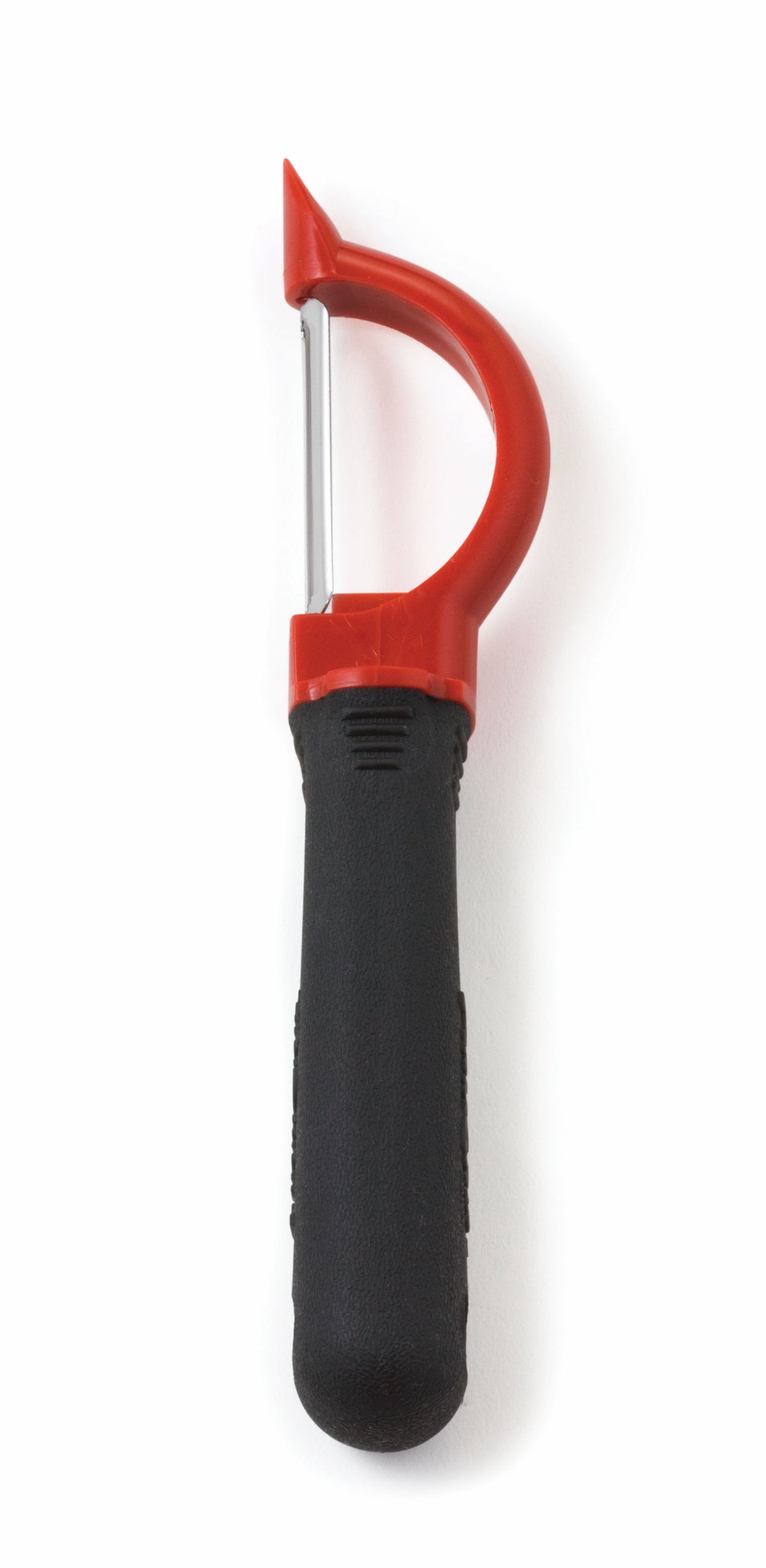 A straight peeler with an ergonomic black textured handle and a red curved head. Its horizontal stainless steel blade ensures efficient peeling of fruits and vegetables. This dishwasher safe tool is set against a white background.
