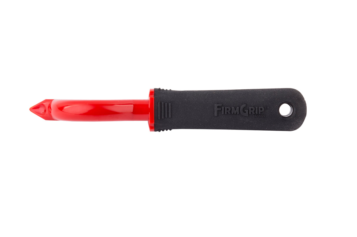 A red straight peeler with a black ergonomic handle labeled FIRM GRIP. The handle has a hole for hanging and textured grip lines near the blade. The image is on a plain white background. This peeler is also dishwasher safe.