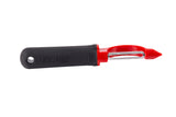 A straight peeler with a black ergonomic handle labeled Firm Grip and a hole for hanging. It features a red blade holder, pointed tip, and sharp metal blade for peeling. Dishwasher safe. The background is plain white.