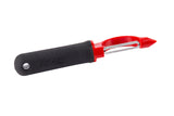 A straight peeler with a black handle labeled FIRM GRIP and a red, curved top holds a horizontal stainless steel blade. The ergonomic handle features a hole for hanging, and the peeler is dishwasher safe for easy cleaning.