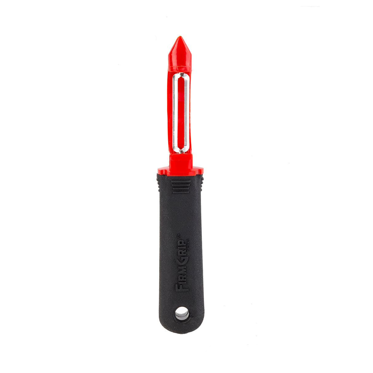 A red and silver straight peeler with a pointed blade and black, ergonomic handle labeled “Firm Grip.” The dishwasher safe handle features a hole at the end for hanging. The image is set against a plain white background.