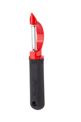 A straight peeler with a red plastic blade holder, pointed tip, and black ergonomic handle. The handle features the word FIRM GRIP embossed on it. Dishwasher safe, this peeler is photographed against a white background.