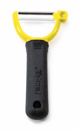 A vegetable peeler with an ergonomic black handle labeled “FIRM GRIP” and a bright yellow Y-shaped frame holding a horizontal metal blade. The handle features a hole for hanging and is dishwasher safe for easy cleaning.