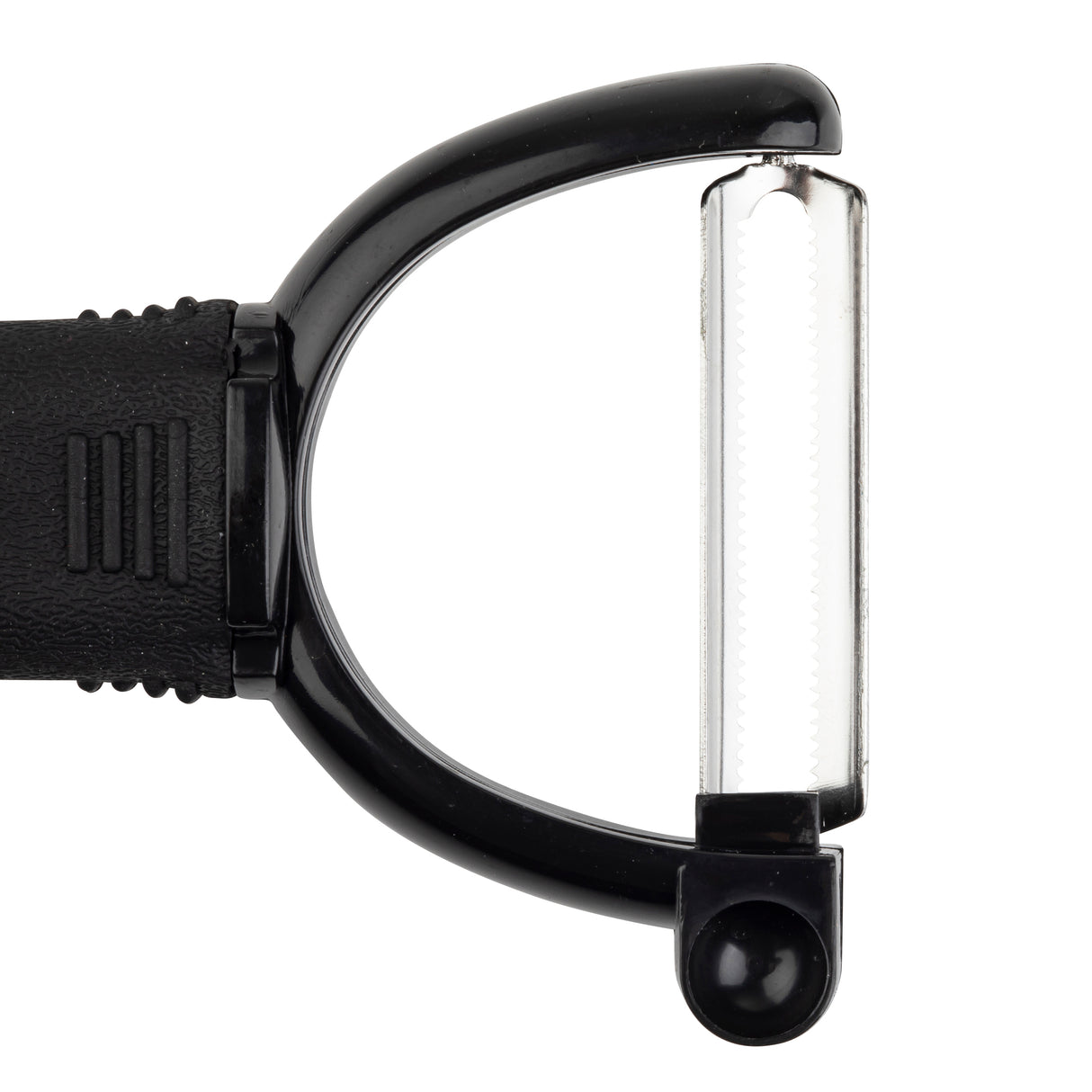 A close-up of a black Y peeler with a horizontal stainless steel blade and an ergonomic handle, isolated on a white background. The blade is positioned at the top, ready for use.